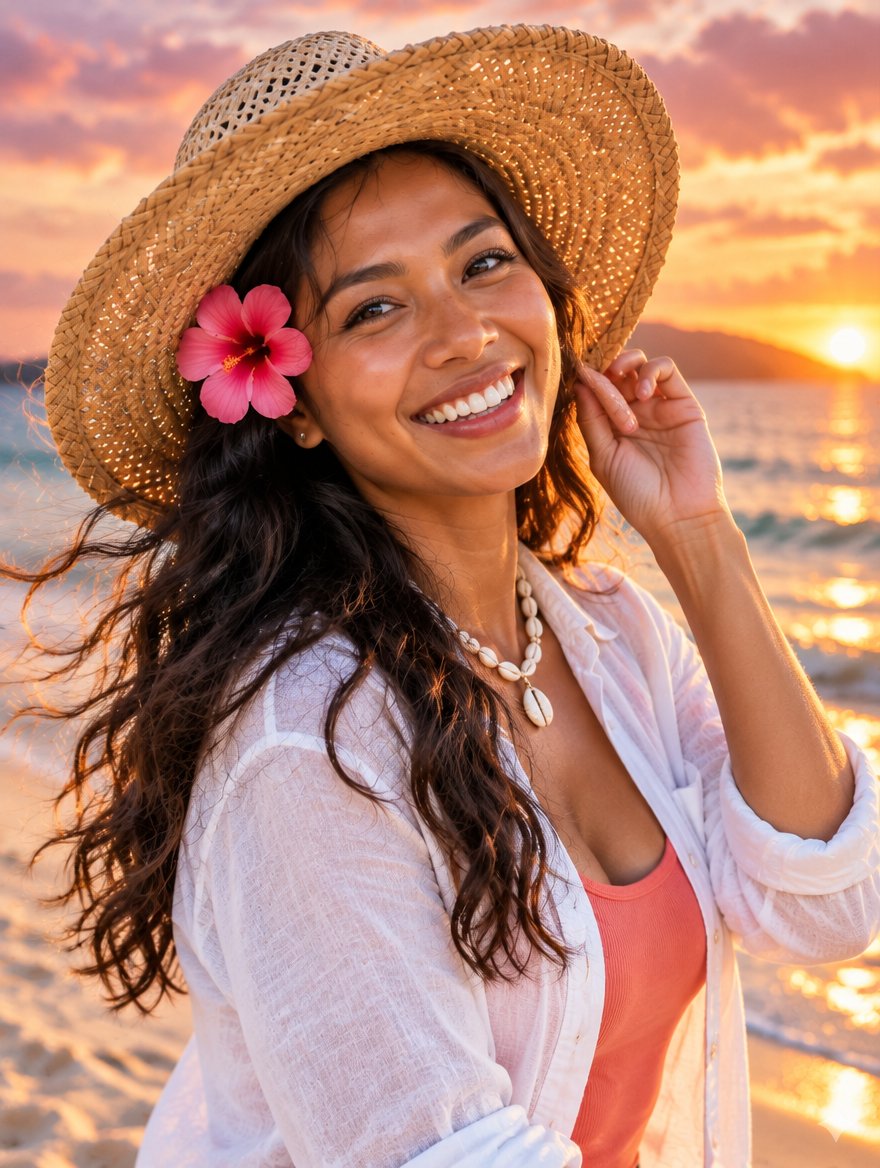 Ate Sunny smiling on the beach at sunset in a straw hat with a hibiscus flower