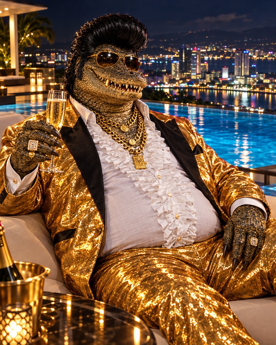 Mister B, a crocodile in a gold suit with champagne by a rooftop pool at night