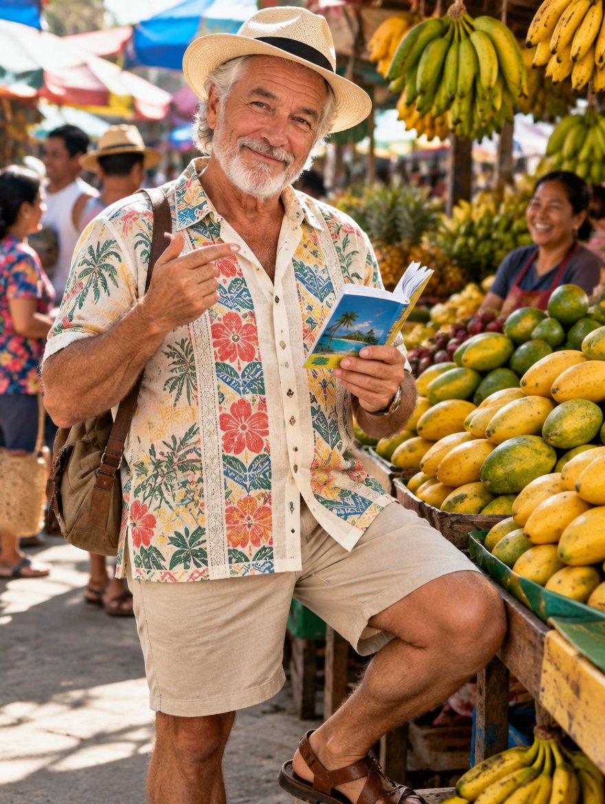 Mister Pierre with his phrasebook at a fruit market