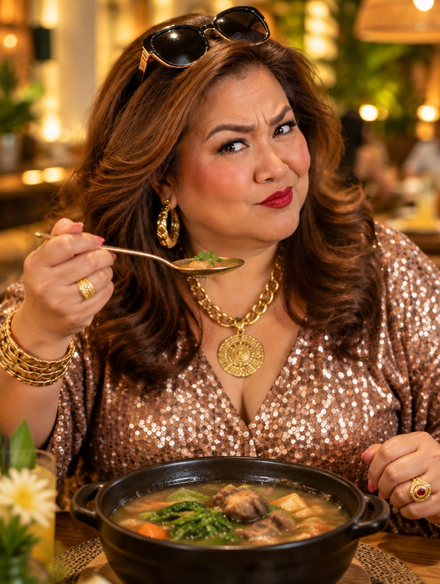 Tita Lami tasting soup with a suspicious raised eyebrow