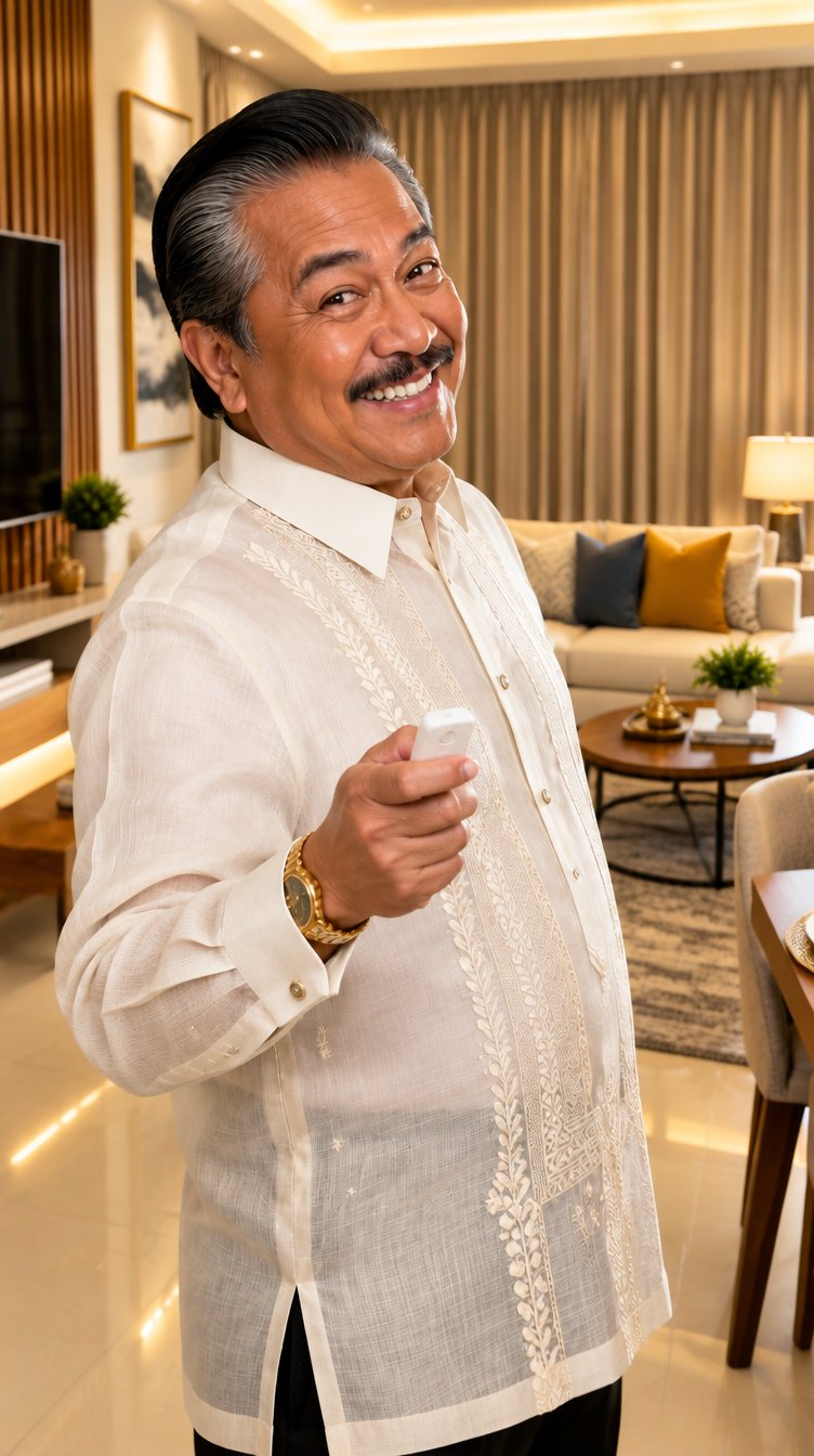 Tito Deals in a barong, grinning and holding a remote in a condo